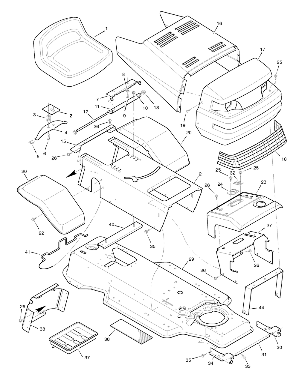 Chassis And Hood Diagram and Parts List for 40706A 1996 Briggs and Stratton Lawn Tractor